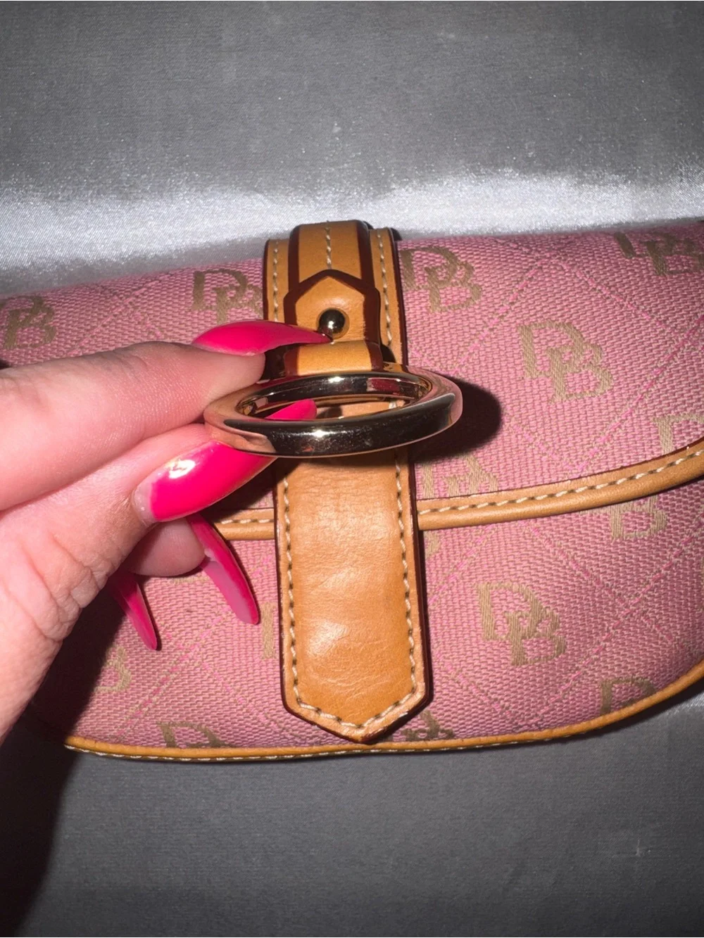 Dooney & Bourke Pink Monogram Crossbody Wristlet with Tan Trim